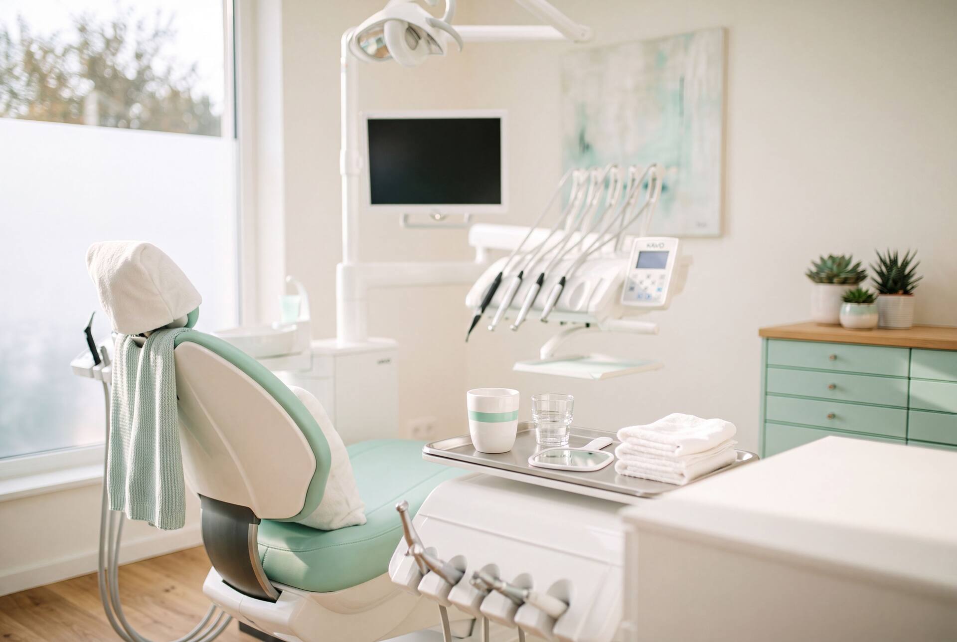 A Dentaria világos, modern, mentazöld részletekkel kialakított rendelője